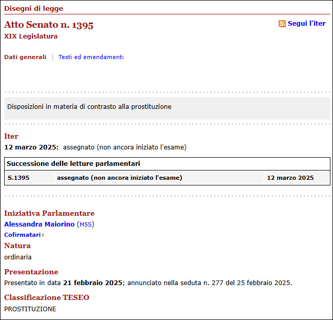 Lo status del DDL 1395/2025 come appare nella pagina del Senato