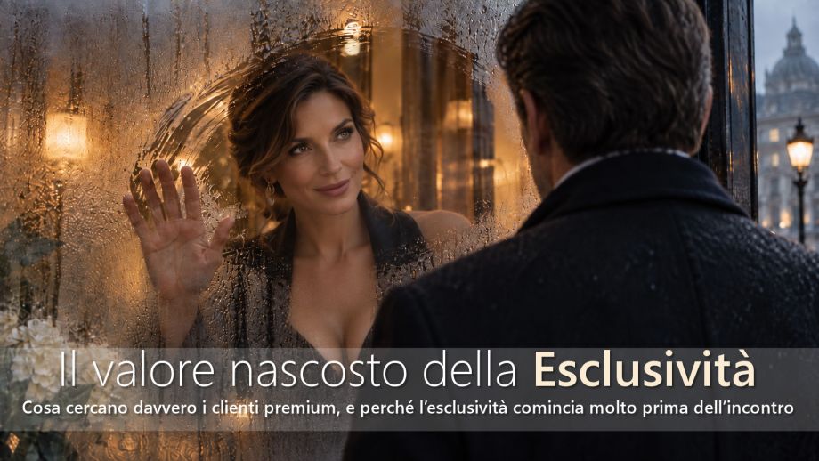 Donna elegante e cliente premium si osservano attraverso una vetrata appannata, simbolo di privacy, selezione ed esclusività nel mercato escort di lusso