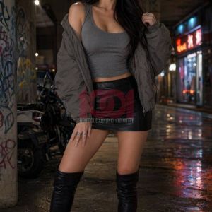 Una donna in outfit elegante, con giacca oversize e stivali alti, posa in un ambiente urbano illuminato.