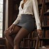 Una figura elegante posa su una scala, vestita con camicia chiara e gonna grigia, in un ambiente ricco di libri.