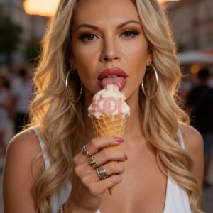 Donna con capelli lunghi e biondi, tiene un cono gelato mentre leccandolo, sullo sfondo di un tramonto.