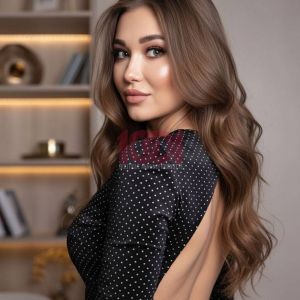 Ritratto di una giovane donna con lunghi capelli castani, in abito nero a pois, dallo sguardo affascinante.