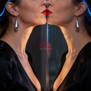 Due visi si baciano, riflessi in uno specchio, con trucco blu e labbra rosse. Eleganza e intimità.