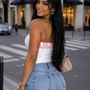 A woman smiles over her shoulder, wearing a white top and blue jeans, against a city street background.