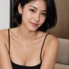 A woman with short hair smiles softly, wearing a black sleeveless top, against a warm-toned background.