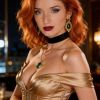 Ritratto di una donna con capelli rossi, abito dorato e gioielli con smeraldi, in un elegante ambiente notturno.