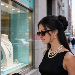 Donna elegante in abito nero e occhiali da sole, osserva gioielli in vetrina di Tiffany & Co. con caffè e cornetto.