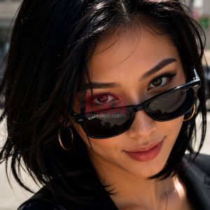 A young woman in sunglasses poses confidently with a city background, showcasing her stylish, casual look.