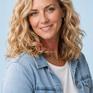 A smiling woman with curly hair wears a denim jacket over a white shirt, standing against a light blue background.