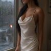 A woman in a light dress stands by a rain-streaked window, gazing thoughtfully outside. Soft lighting enhances the mood.