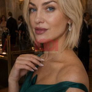Donna bionda in abito verde scuro sorride, con gioielli e una mano posata delicatamente sul collo.