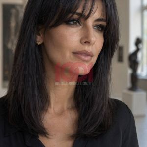 A woman with long dark hair and bangs wearing a black shirt, gazing thoughtfully in an artistic setting.