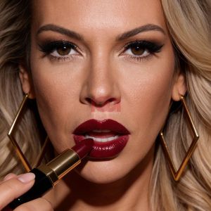 Una donna con labbra rosse scure applica il rossetto mentre indossa orecchini dorati a forma geometrica.