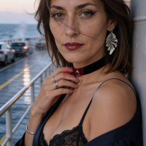 Donna con capelli castani ondulati in un top nero e orecchini, accanto a una balaustra su una nave.