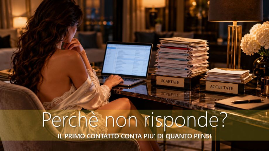 Escort in vestaglia davanti al laptop mentre seleziona i messaggi ricevuti tra proposte scartate e accettate