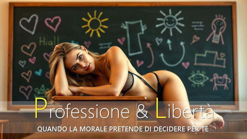 Donna sensuale sdraiata su una cattedra con sfondo di lavagna scolastica con disegni infantili